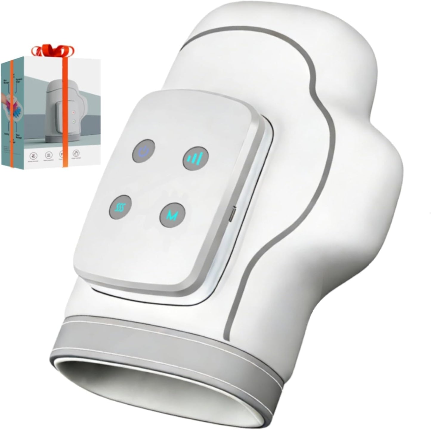 MONOURO Cordless Hand Massager with control buttons and gift packaging in the background.