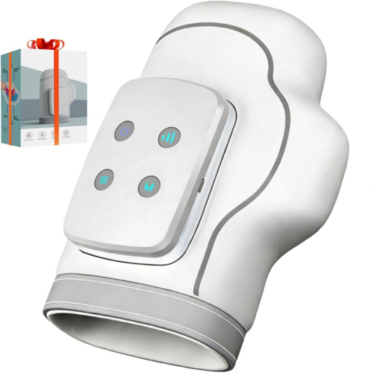 MONOURO Cordless Hand Massager with control buttons and gift packaging in the background.