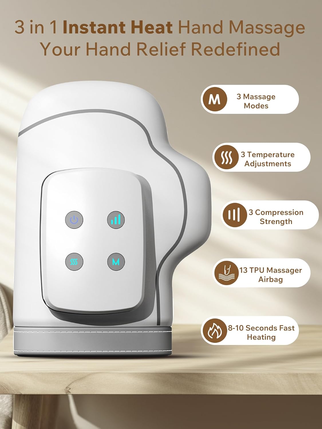 MONOURO Cordless Hand Massager features 3 massage modes, 3 temperature adjustments, and fast heating for hand relief.