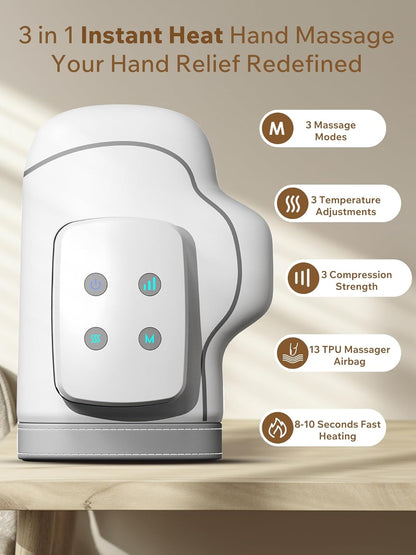 MONOURO Cordless Hand Massager features 3 massage modes, 3 temperature adjustments, and fast heating for hand relief.