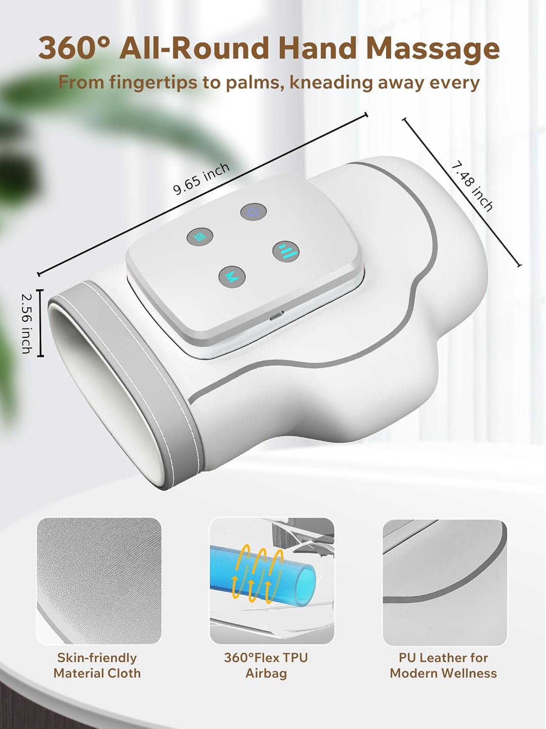 MONOURO Cordless Hand Massager design showing 360° hand massage features and specifications.
