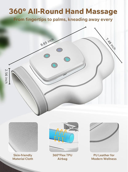 MONOURO Cordless Hand Massager design showing 360° hand massage features and specifications.