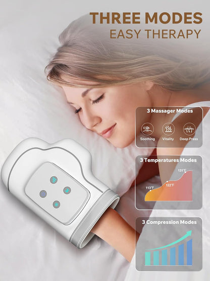 MONOURO Cordless Hand Massager highlighting three massage modes and temperature settings for easy therapy