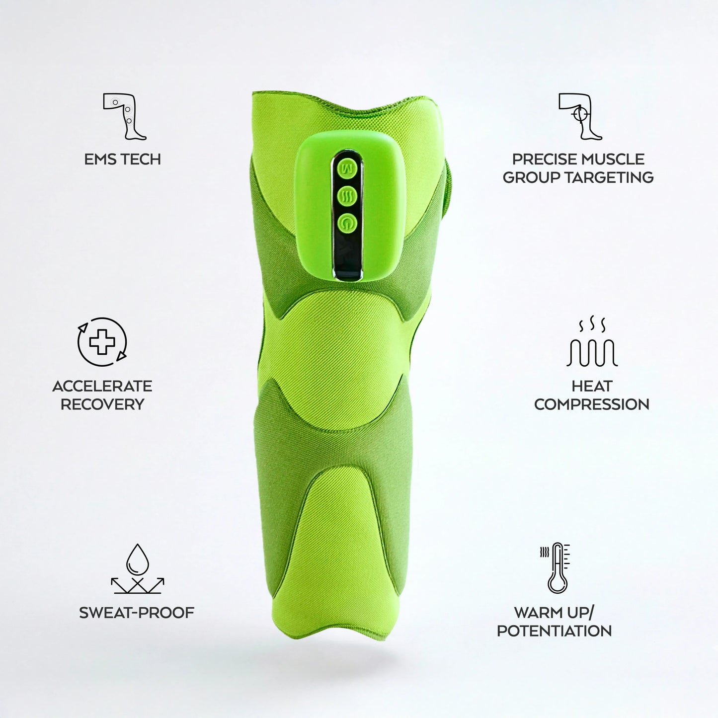 MONAURO RecoveryAir Leg Elite showcasing EMS tech, heat compression, and muscle recovery compression therapy features for enhanced recovery.
