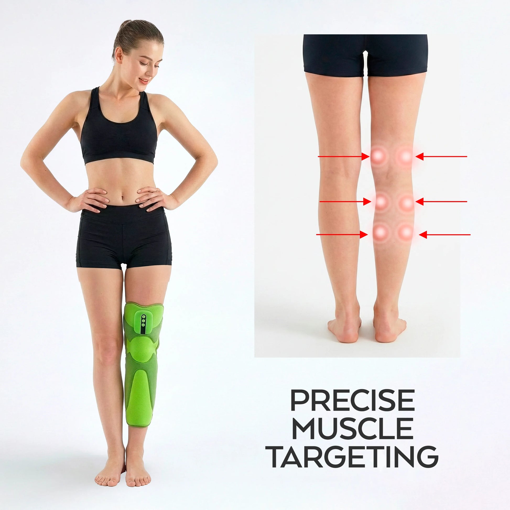 Woman demonstrating MONAURO RecoveryAir Leg Elite with precise muscle targeting for enhanced recovery and relief.