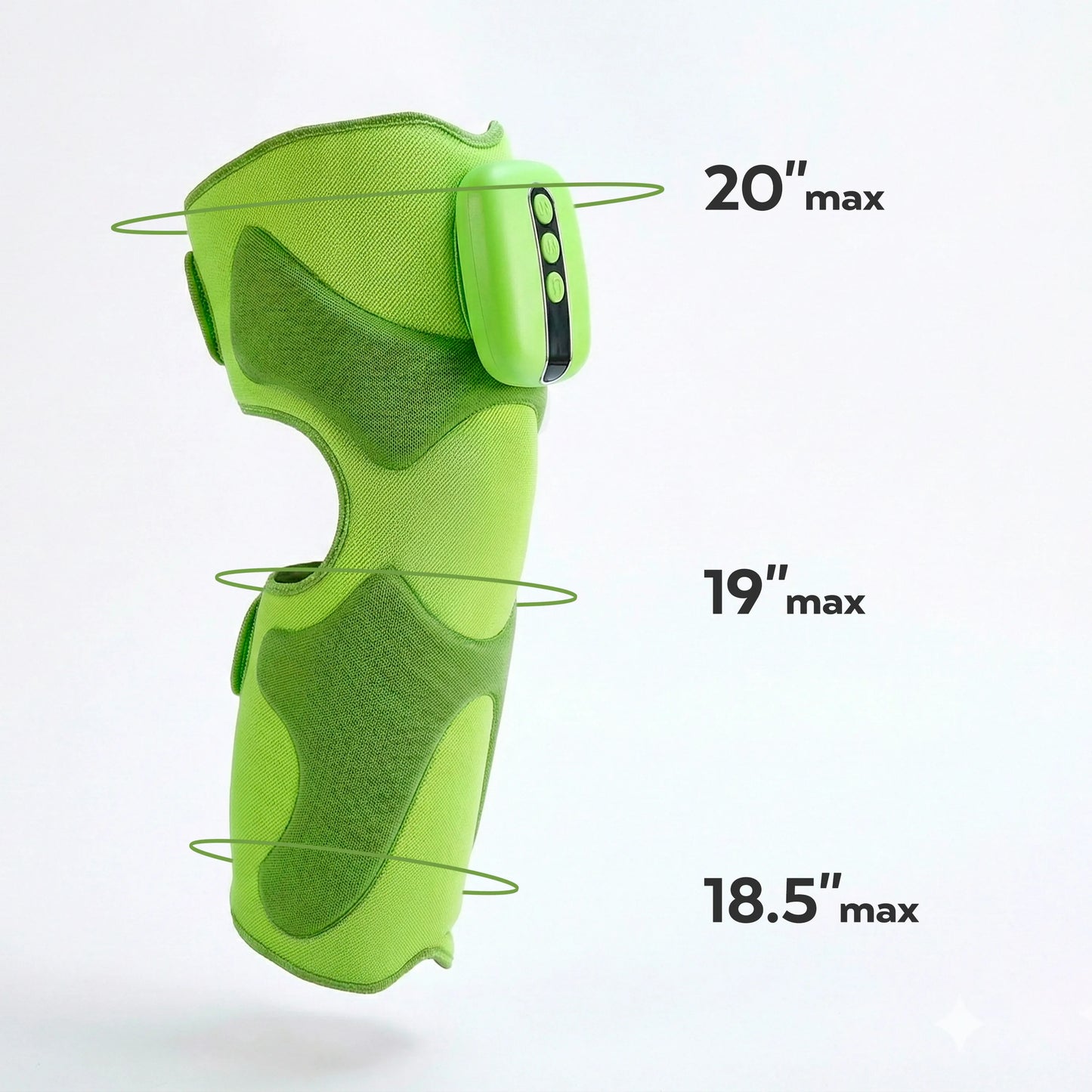 MONAURO RecoveryAir Leg Elite product image showing size measurements of 18.5, 19, and 20 inches max.